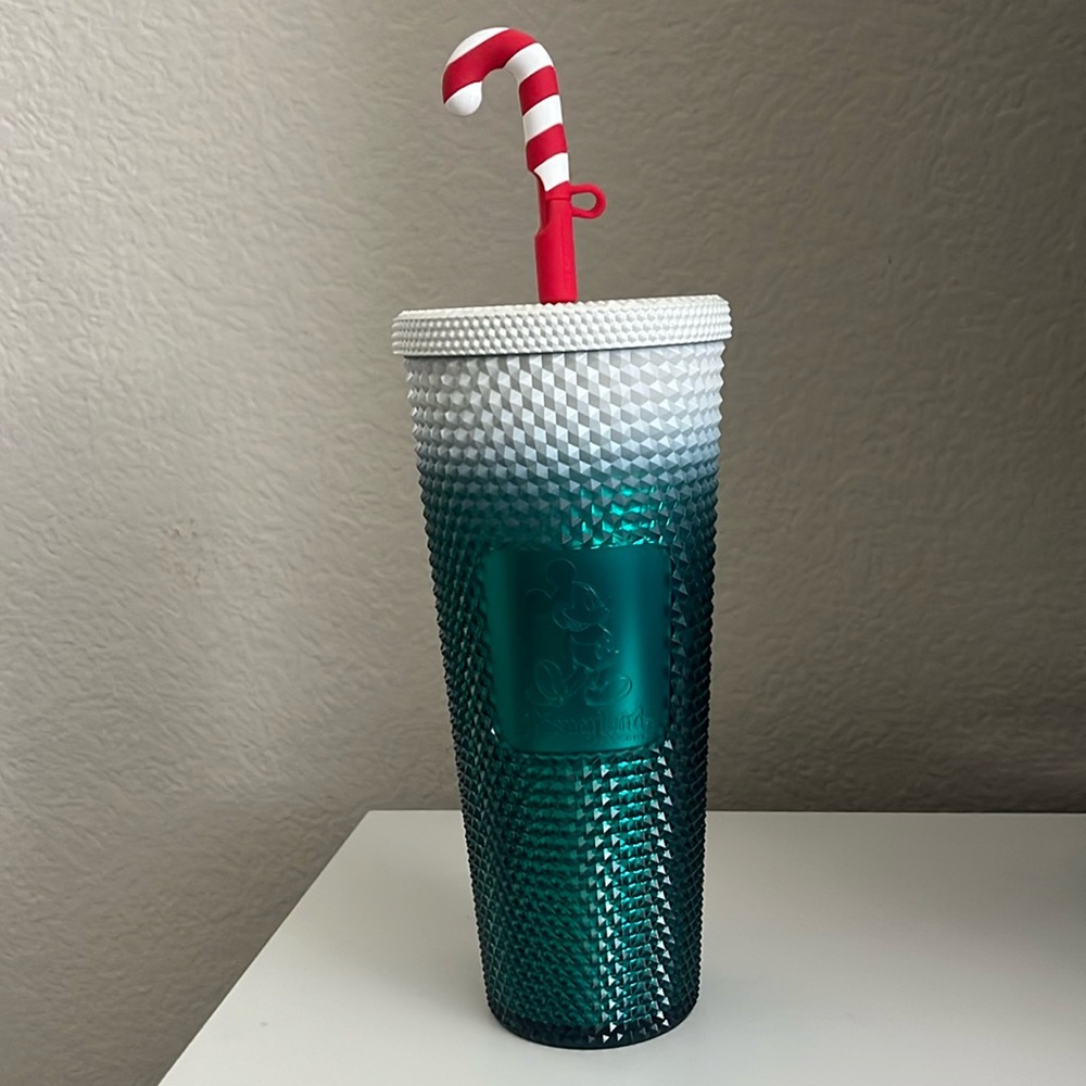 Disney Teal/White Ombre Christmas Starbucks Tumblr with Red/White Striped Straw